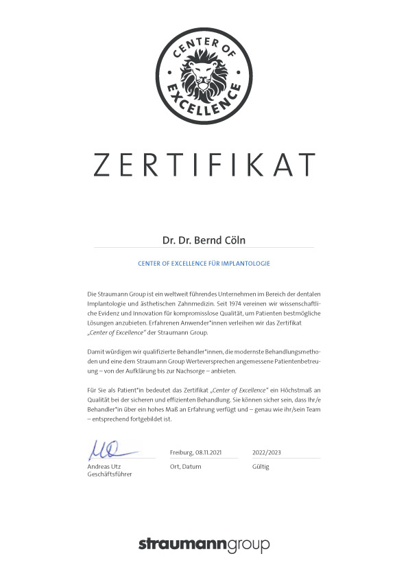 Zertifikat Dr. Cöln für Implantologie